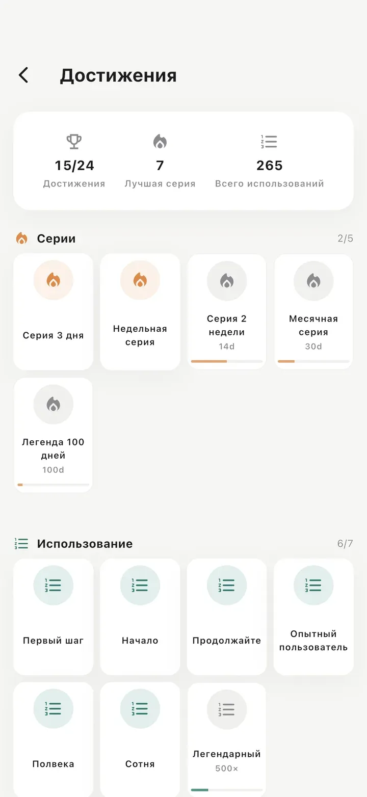 Экран достижений: открыто 15 из 24, лучшая серия 7 дней, всего 265 использований.