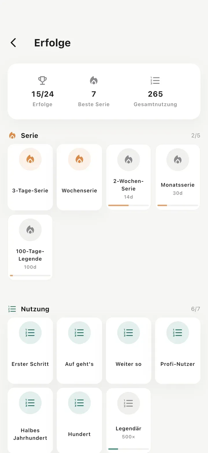 Erfolge-Bildschirm mit 15 von 24 freigeschalteten Erfolgen, bester Serie von 7 Tagen und 265 Nutzungen insgesamt.