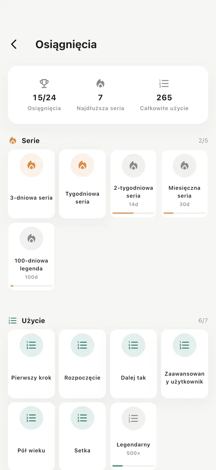 Ekran osiągnięć: odblokowano 15 z 24, najlepsza seria 7 dni, łącznie 265 użyć.