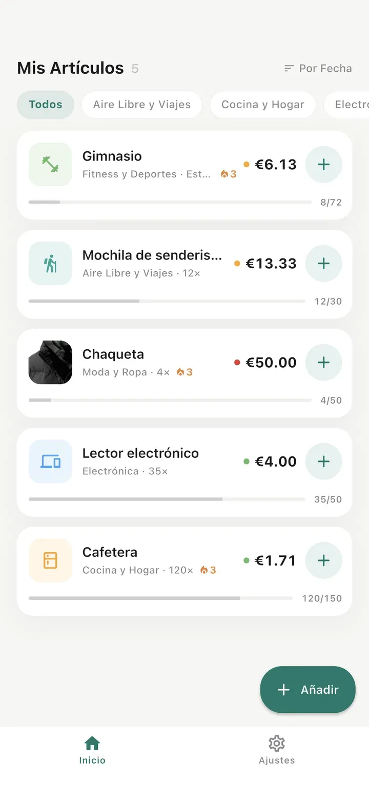 Pantalla de inicio de Worth It con cinco artículos — gimnasio, mochila de senderismo, chaqueta, lector electrónico y cafetera — cada uno con su coste por uso actual y el progreso de su meta.