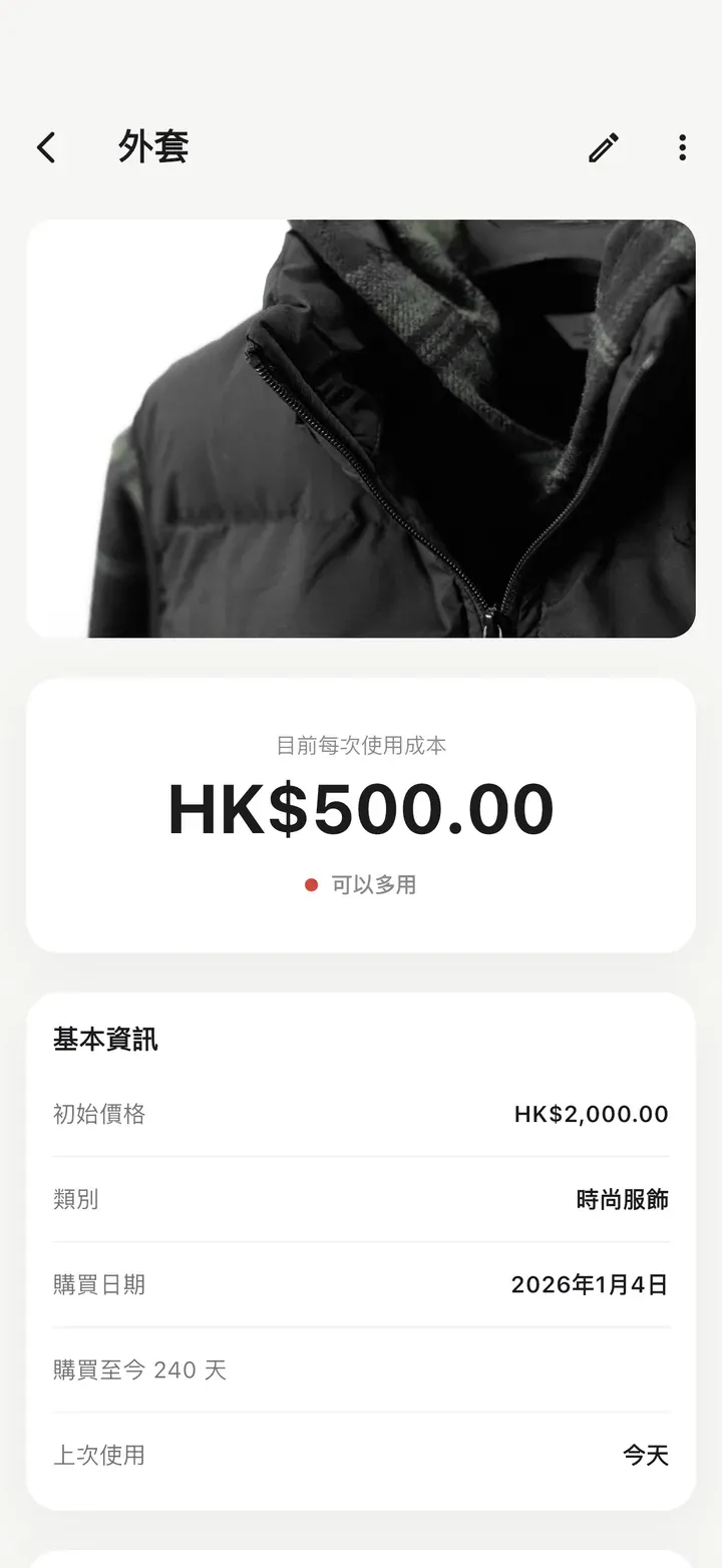 附照片的外套詳情頁，已使用 4 次，每次成本偏高，標有紅點和「可以多用」提示。