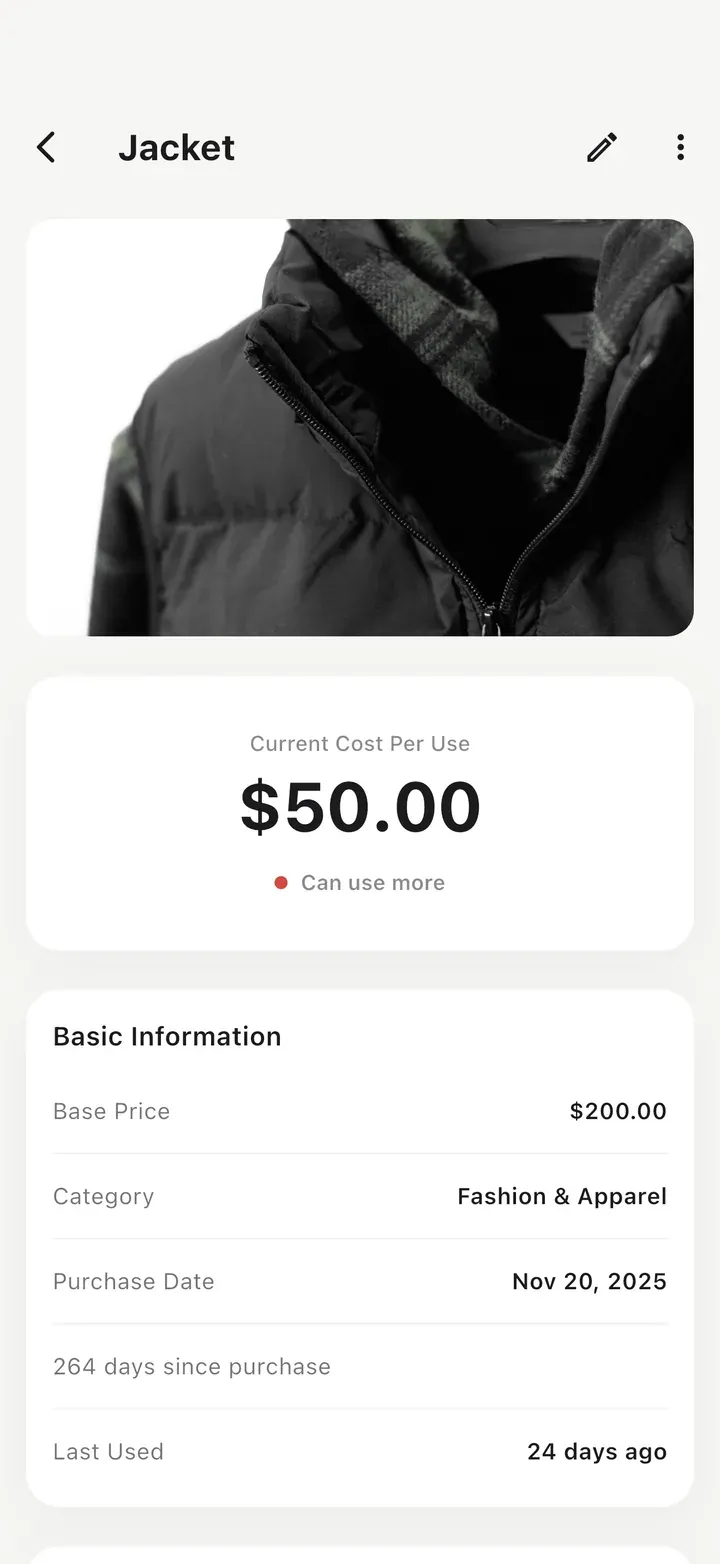 Item detail for a jacket with its photo, used 4 times so far, showing a high cost per use marked with a red dot and the hint 'Can use more'.