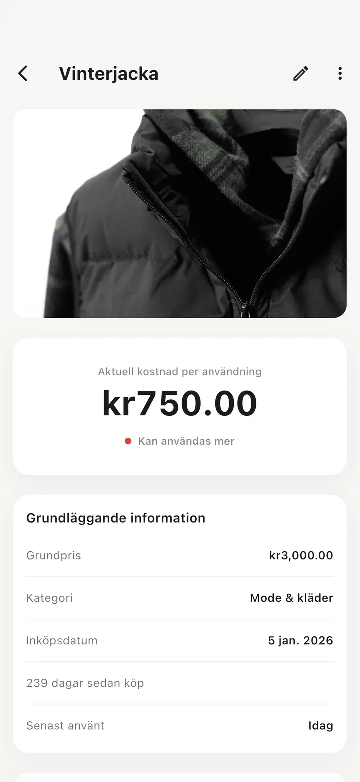 Detaljvy för en vinterjacka med foto, använd 4 gånger, med hög kostnad per användning markerad med en röd punkt och tipset 'Kan användas mer'.