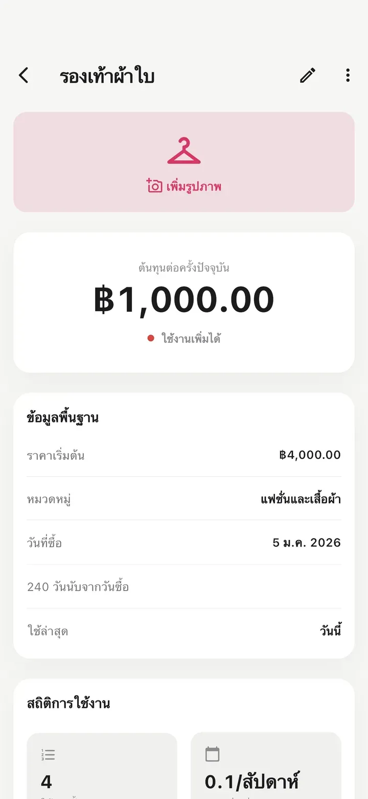 หน้ารายละเอียดรองเท้าผ้าใบที่ยังไม่มีรูป ใช้ไป 4 ครั้ง ค่าใช้จ่ายต่อครั้งยังสูง มีจุดสีแดงและคำแนะนำ 'ใช้งานเพิ่มได้'