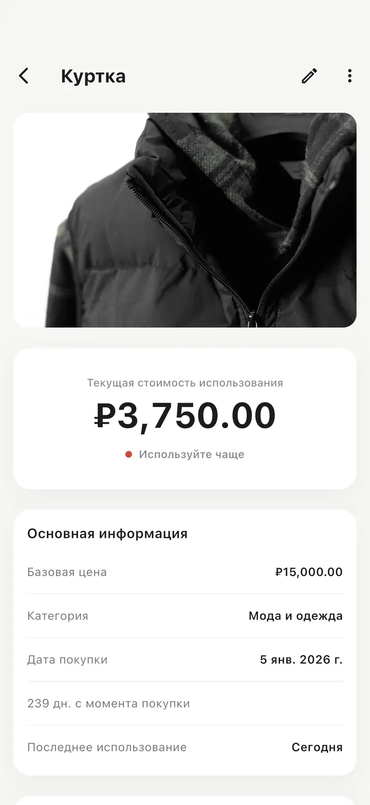 Карточка куртки с фото, использована 4 раза, высокая стоимость использования отмечена красной точкой и подсказкой «Используйте чаще».