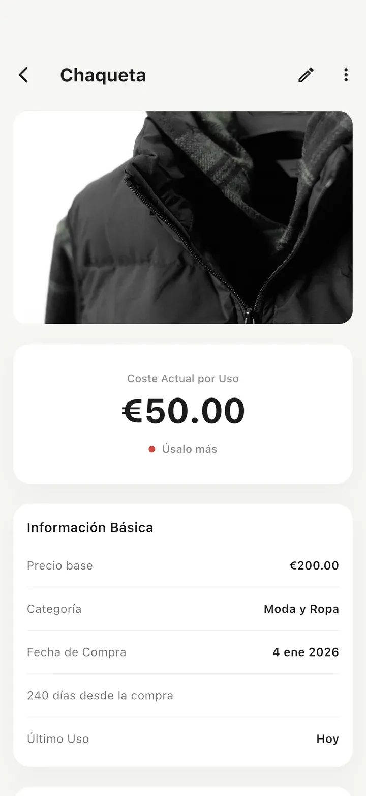Detalle de una chaqueta con foto, usada 4 veces, con un coste por uso alto marcado con un punto rojo y el aviso 'Úsalo más'.