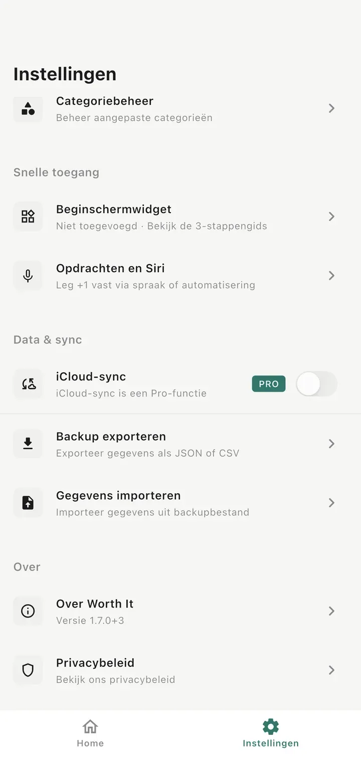 Instellingenscherm met Beginschermwidget, Opdrachten & Siri, iCloud-synchronisatie, Back-up exporteren, Gegevens importeren en Privacybeleid.