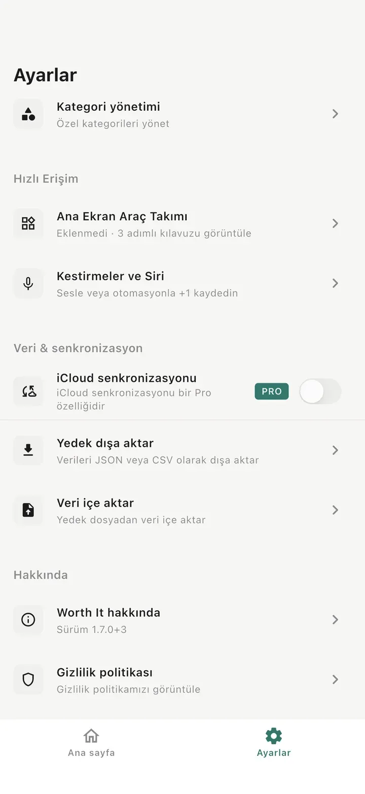 Ayarlar ekranı: Ana Ekran Widget'ı, Kısayollar ve Siri, iCloud Eşitleme, Yedeği Dışa Aktar, Veri İçe Aktar ve Gizlilik Politikası.