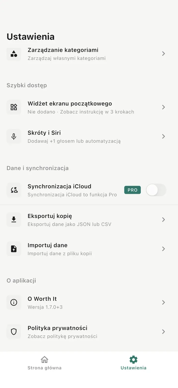Ekran ustawień: widżet na ekranie głównym, Skróty i Siri, synchronizacja iCloud, eksport kopii zapasowej, import danych i polityka prywatności.