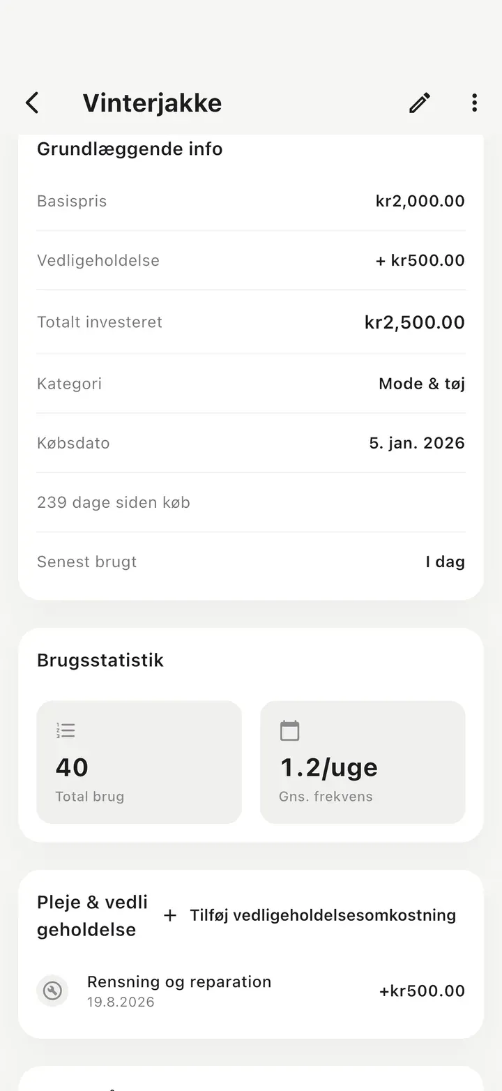 Detaljevisning med basispris plus vedligeholdelse som samlet investering, 40 brug og en post for rensning og reparation under Pleje & vedligeholdelse.