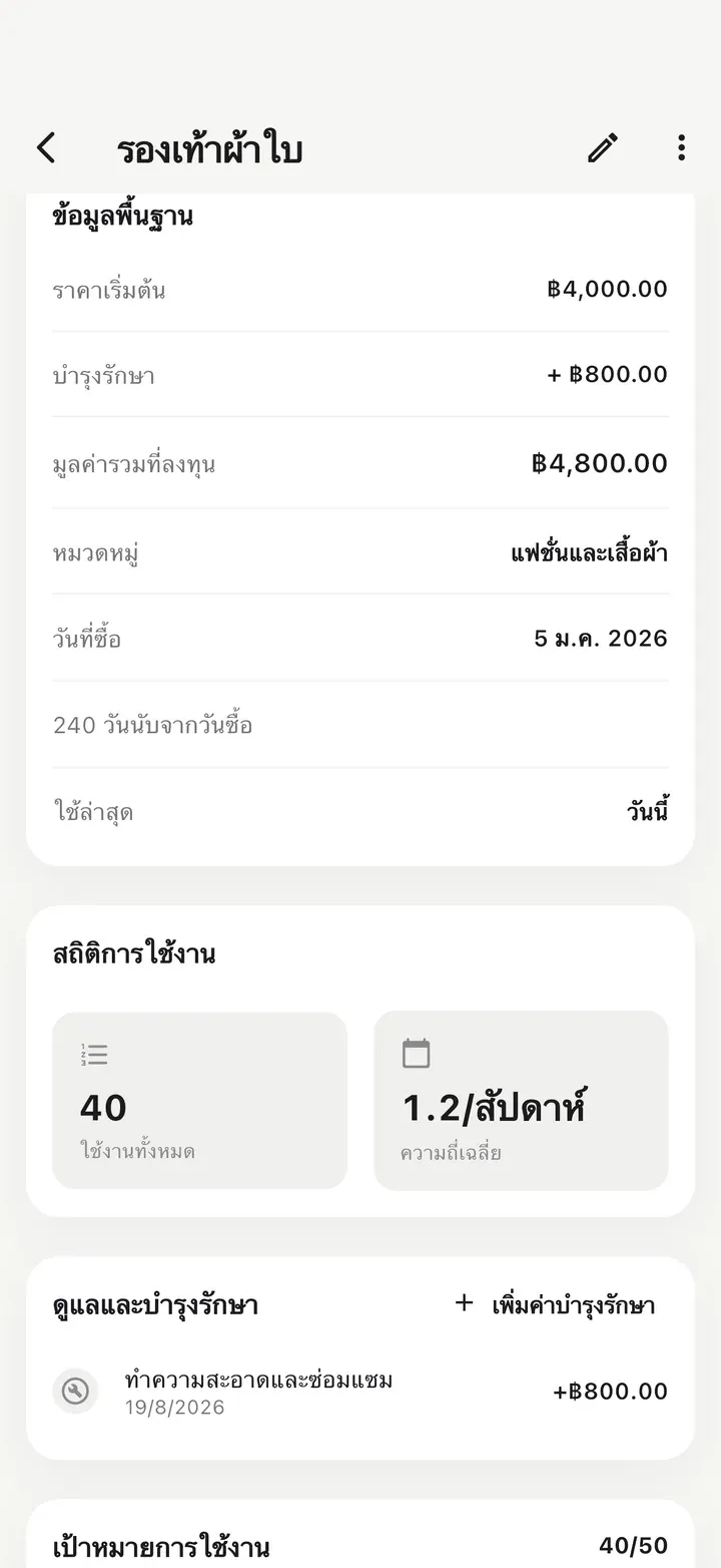 หน้ารายละเอียดแสดงราคาพื้นฐานบวกค่าบำรุงรักษาเป็นยอดลงทุนรวม ใช้ไป 40 ครั้ง และมีบันทึกค่าซักและซ่อมในส่วนดูแลและบำรุงรักษา