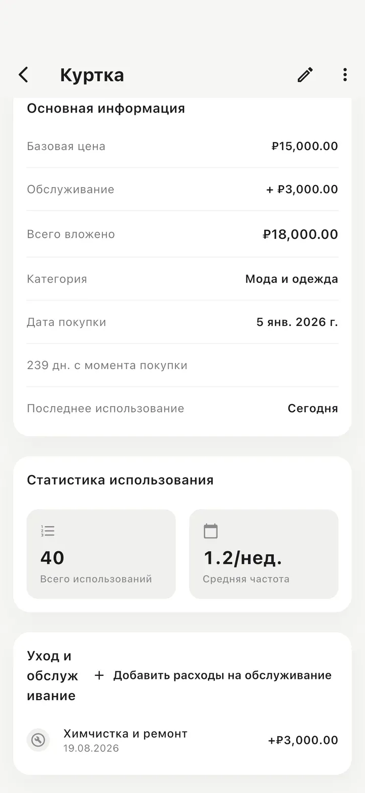 Карточка вещи: базовая цена плюс обслуживание как общие вложения, 40 использований и запись о химчистке и ремонте в разделе «Уход и обслуживание».