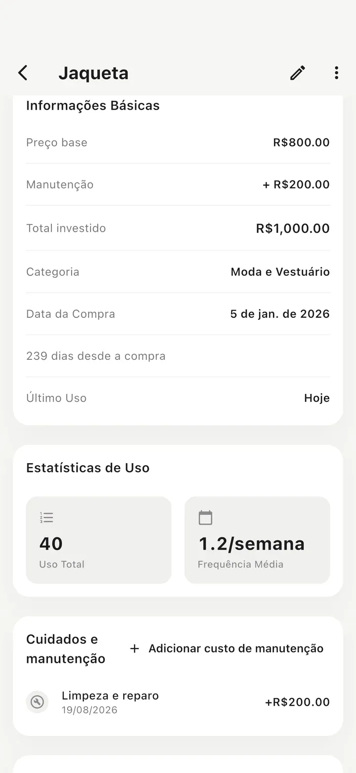Detalhe de item mostrando preço base mais manutenção como total investido, 40 usos e um registro de limpeza e reparo em Cuidados e manutenção.