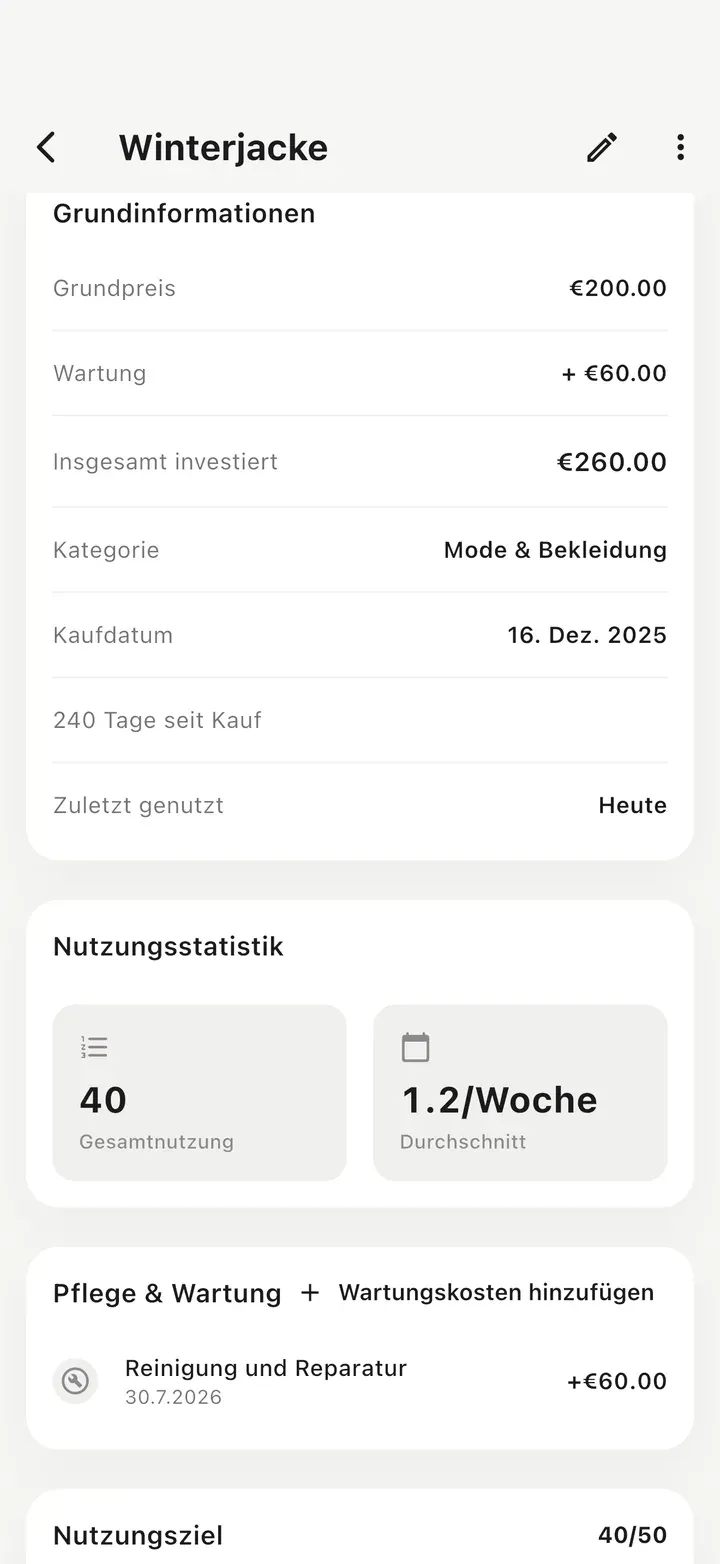 Detailansicht mit Grundpreis plus Wartung als Gesamtinvestition, 40 Nutzungen und einem Eintrag für Reinigung und Reparatur unter Pflege & Wartung.