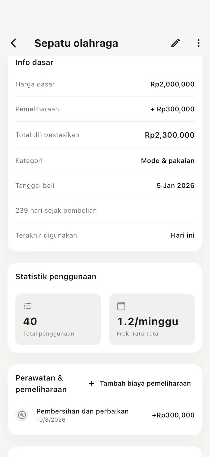 Halaman detail dengan harga dasar plus perawatan sebagai total investasi, 40 penggunaan, dan catatan pembersihan dan perbaikan di bagian Perawatan & pemeliharaan.