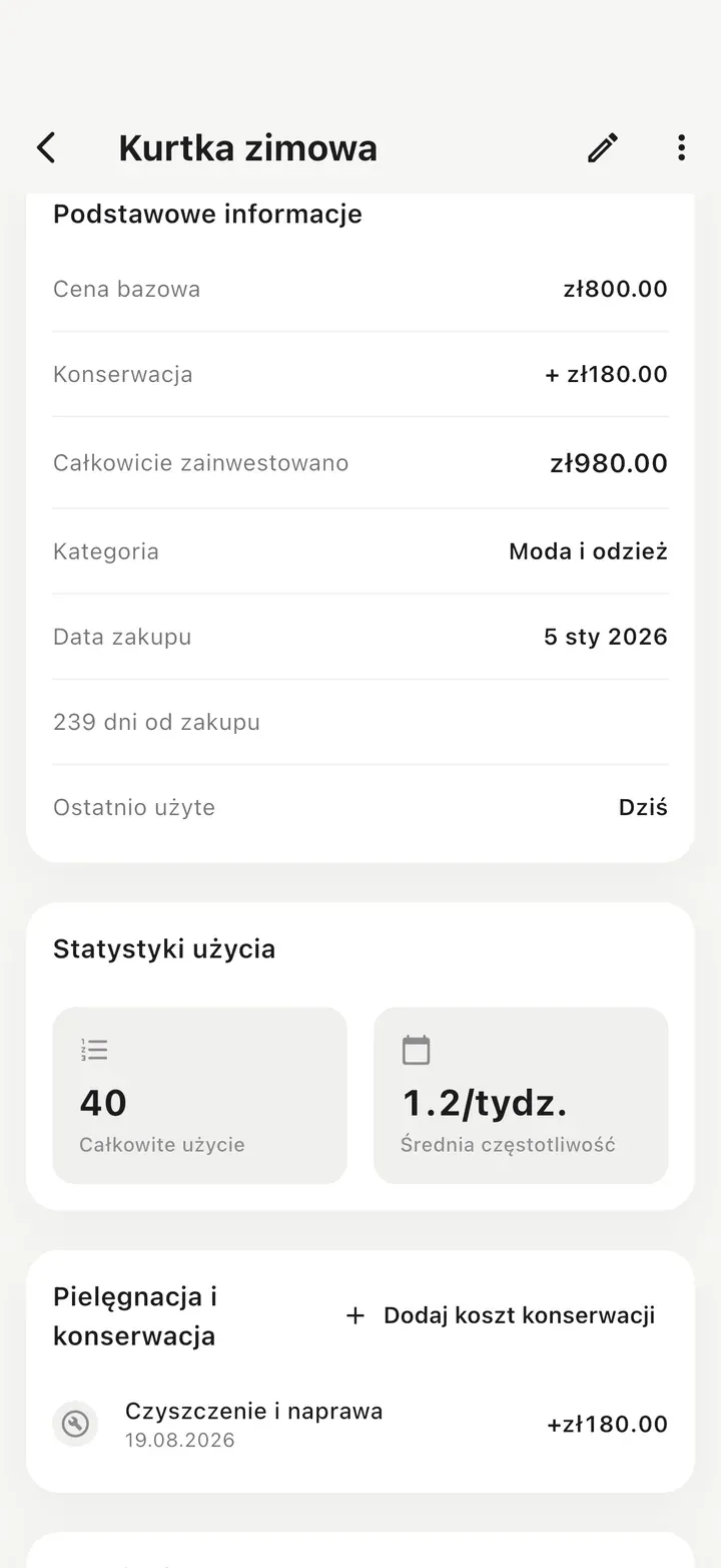 Szczegóły przedmiotu: cena bazowa plus konserwacja jako całkowita inwestycja, 40 użyć i wpis o czyszczeniu i naprawie w sekcji Pielęgnacja i konserwacja.