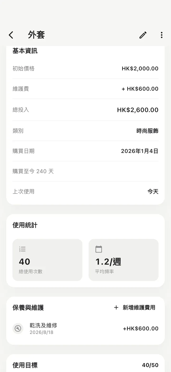 物品詳情頁顯示初始價格加維護費構成的總投入、使用 40 次，以及「保養與維護」下的乾洗和修補記錄。